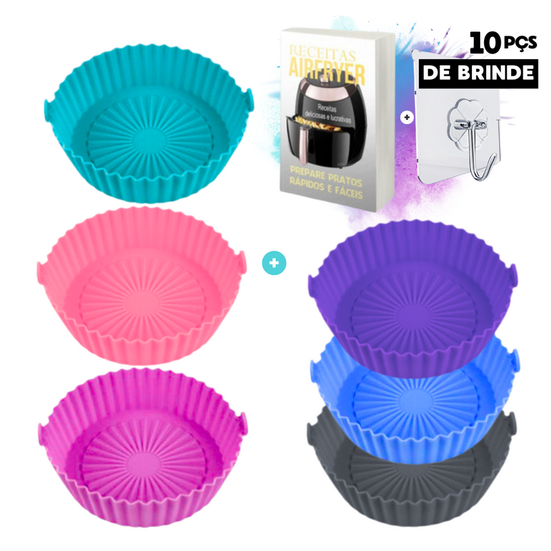 Kit com 6 Bandejas de silicone + Brinde 10 pçs Gancho parede de pressão+ Ebook com 150 receitas para Air Fryer