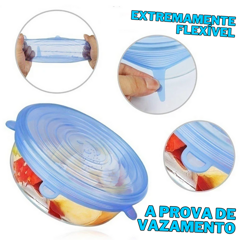 Compre 6 Leve 12 - Kit 12 Tampas de Silicone Reutilizável (VERSÃO PREMIUM IMPORTADA) - Super Elástico